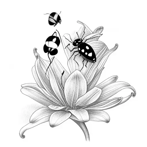 A Butterfly And A Lady Bug Sitting On A Lily Flower