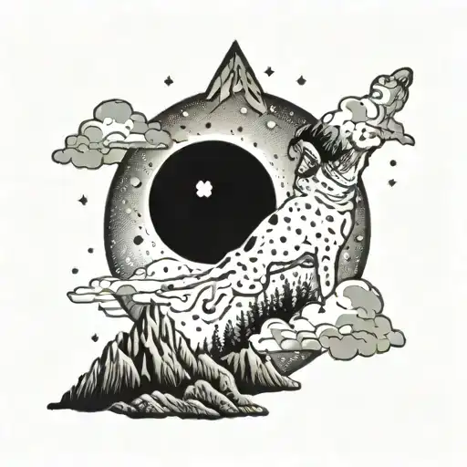 A Celestial Scene With A Dog Constellation Howling At The Moon Over A Mountain Range