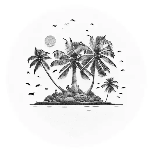 A Small Island Where Two People Are Riding A Moped In The Sunset With A Bigger Palm Tree