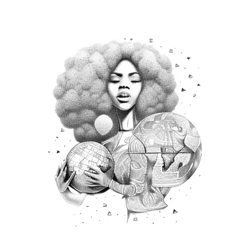 Woman Kneeling Praying With Head As A Globe And Afro Hair