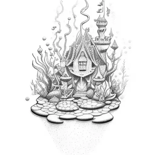 A Dotwork Tattoo Of Disney Characters Gardening In An Underwater Garden