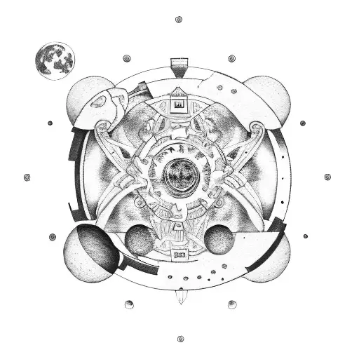 A Mechanical Gear-shaped Moon With Astrology Symbols And A Cat Silhouette Inside