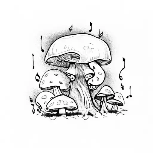 Mushroom Growing On An Ekg Line Under Fairy Lights With Music Notes In The Air