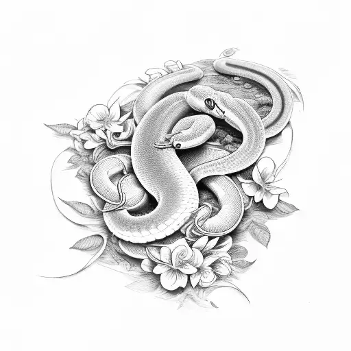 A Black Headed Python Curlinging Up Loosley In A Garden Of Birth Flowers