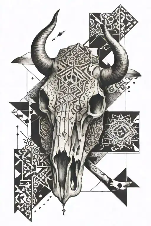 A Cow Skull Adorned With Intricate Geometric Patterns And Arrows