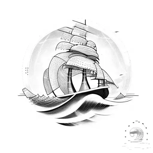 A Ship Sailing On Waves Made Of Volleyball Nets With A Dog Sitting On The Deck