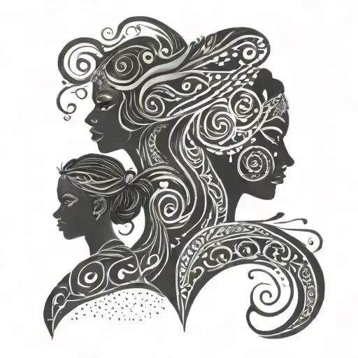 Tribal Fusion Design Featuring A Mother And Daughter Silhouette Intertwined With Tribal Patterns