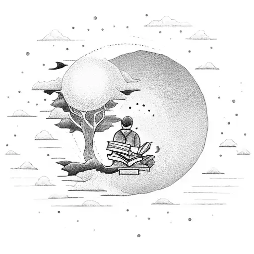 A Tattoo Of A Person Reading A Book Under A Tree With A Sunset Sky