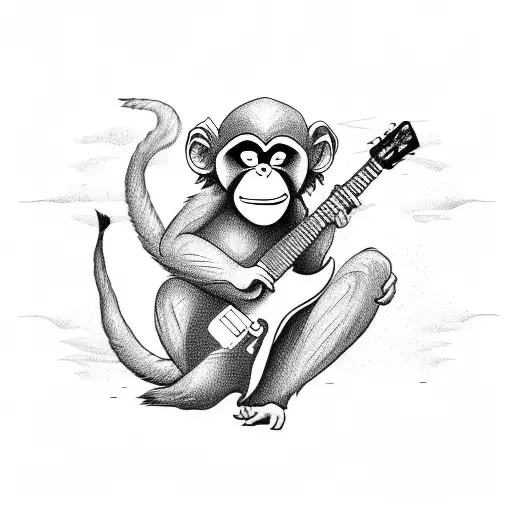 A Smoking Monkey Playing A Guitar On A Beach With Palm Trees