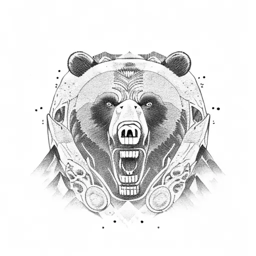 Grizzly Bear With Skulls And Mountains