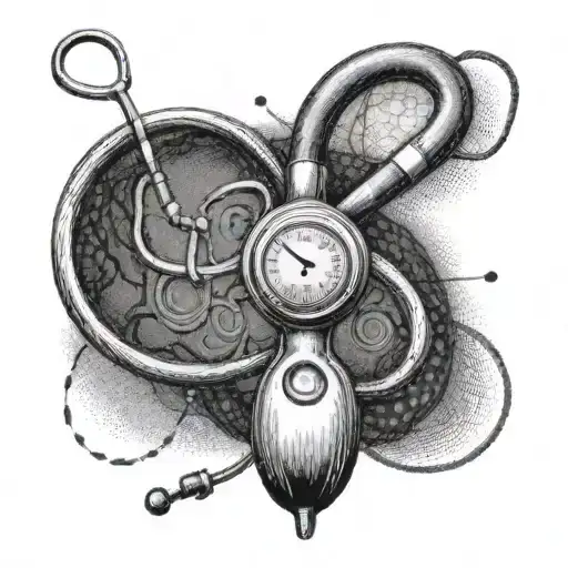A Nurse's Stethoscope Intertwined With A Heartbeat Line In Dotwork