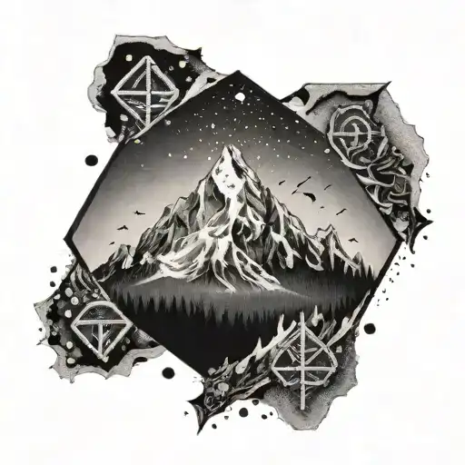 A Dotwork Tattoo Of A Mountain Range With Nordic Runes Hidden Within The Peaks