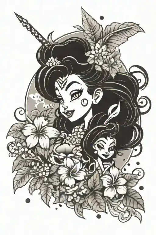 A Magical Tattoo Design Combining Hawaiian Flowers And Disney Characters In A Whimsical Scene