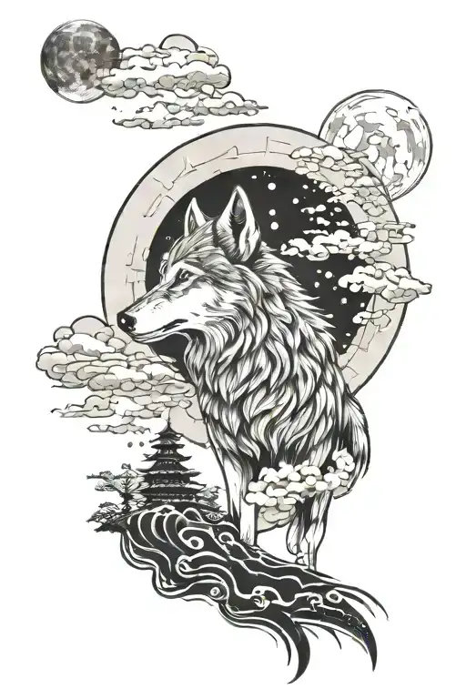 A Mystical Wolf Howling At The Moon In A Japanese-inspired Landscape