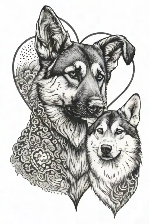 German Shepherd And Husky Hearts Surrounded