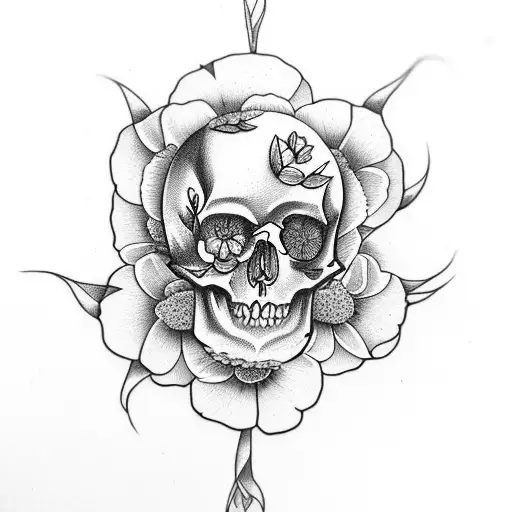 Flowers And Skull On Upper Side Of Female Leg