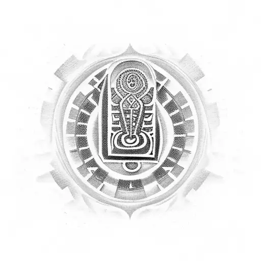 A Dotwork Tattoo Of An Aztec-inspired Music Note Surrounded By Egyptian Hieroglyphics