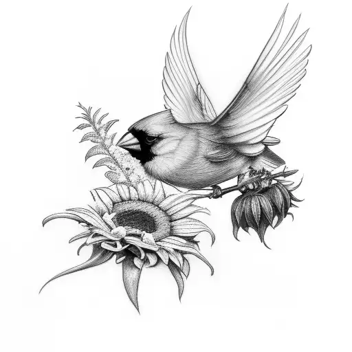 Cardinal With Bumblebee And Sunflowers