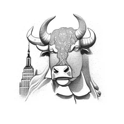 Liberty Statue Next To A Bull With The Background Of Manhattan Skyscrapers