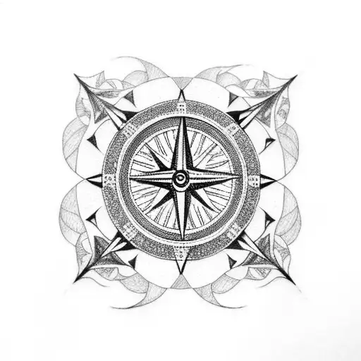 A Dotwork Tattoo Featuring A Compass Nestled Within A Beautiful Maple Leaf Wreath