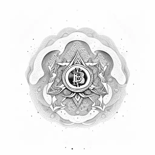 An Intricate Dotwork Design Featuring Psychedelic Mushrooms And Bitcoin Symbols