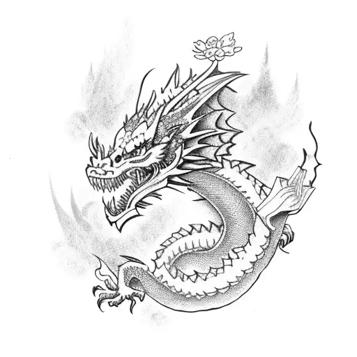 Dragon With Flowers And Sword
