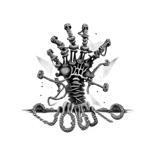 Skeleton Hand Reaching Up Out Of A Rusty Anchor Chain And Barnacle Covered Rocks Surrounded With