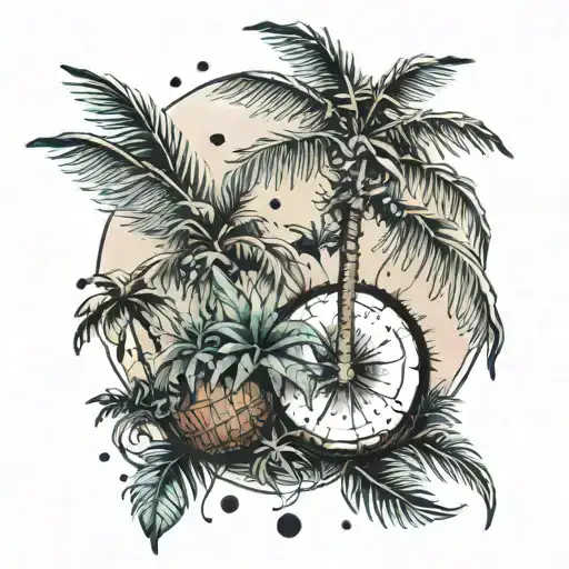 A Tropical Scene With Coconut Trees And Weed Plants Intertwined