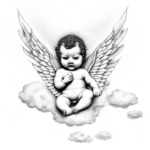 Dotwork Outline Of A Baby Cherub Angel With Cloud Filling