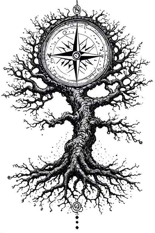 A Tree Of Life With Roots Growing Overlapping A Compass In The Background