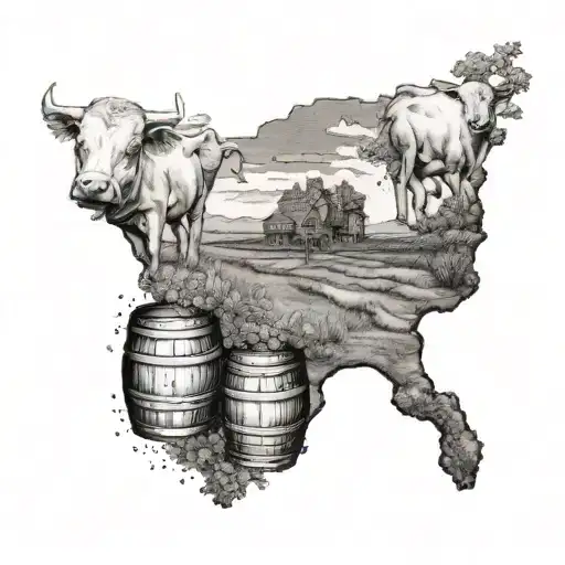 Blend Elements Of Texas And Kentucky Landscapes In A Tattoo Featuring Cows And Bourbon Barrels