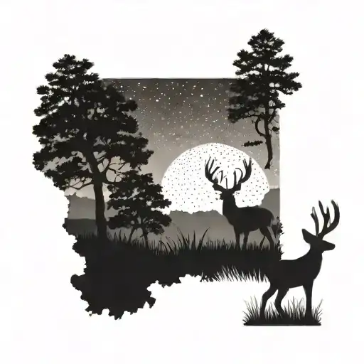 A Dotwork Tattoo Of A Texas Landscape With A Hunting Dog And A Deer In The Foreground