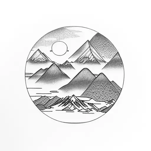 Circle With Mountains And A River Into A Lake