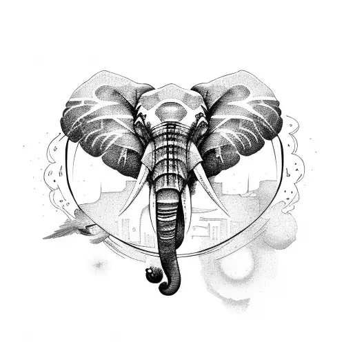 Scratchy Elephant With Risen Truck And In Flight Bird In Flight