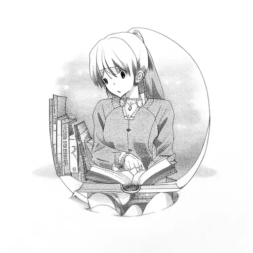 An Anime Character Reading A Book In A Mystical Library