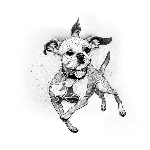 A Dotwork Tattoo Featuring A Dog And A Person Engaged In A Graceful Dance