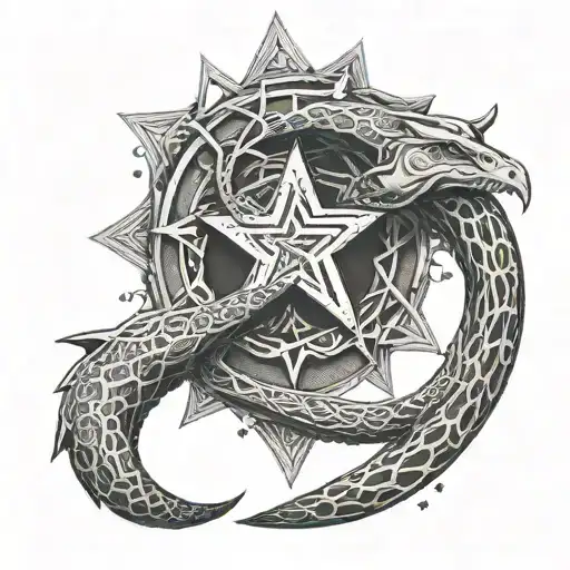 Design A Unique Ouroboros Intertwined With A Star In A Dotwork Style