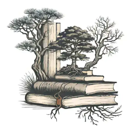 Pine Tree Growing On Top Of A Tall Skinny Stack Of Books With Roots Growing Down And Open Book