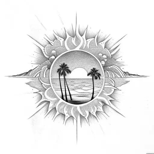 Palm Trees With The Ocean And Sun