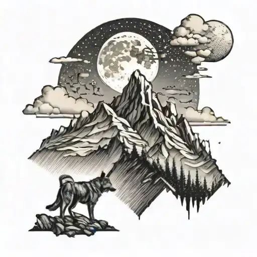 A Mountain Range With A Trail Leading Up To A Dog Howling At The Moon