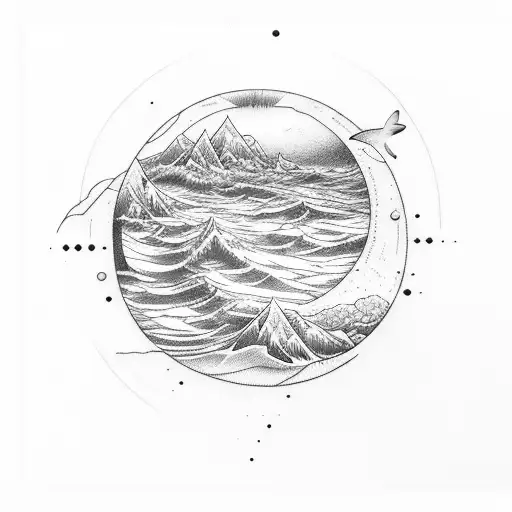 Sea And Mountains In Circle With Spirals