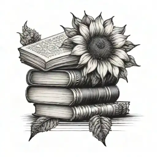 A Stack Of Books With Crocheted Bookmarks And A Sunflower Growing From The Top Book