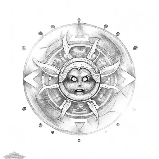 An Intricate Tattoo Of A Sun And Clouds Intertwined With Mechanical Gears