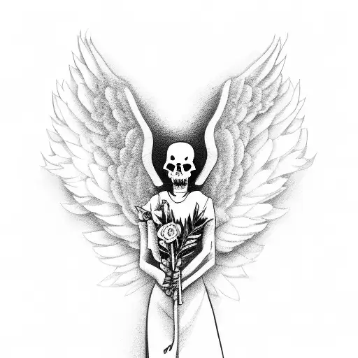 Grim Reaper With Wings Hand Bundle Of Flowers To A Little Girl