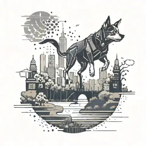 A Futuristic Cityscape With A Dog Running Through A Park In The Foreground