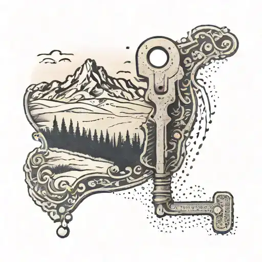 Vintage Key With A Trail Of Footprints Leading To A Mountain