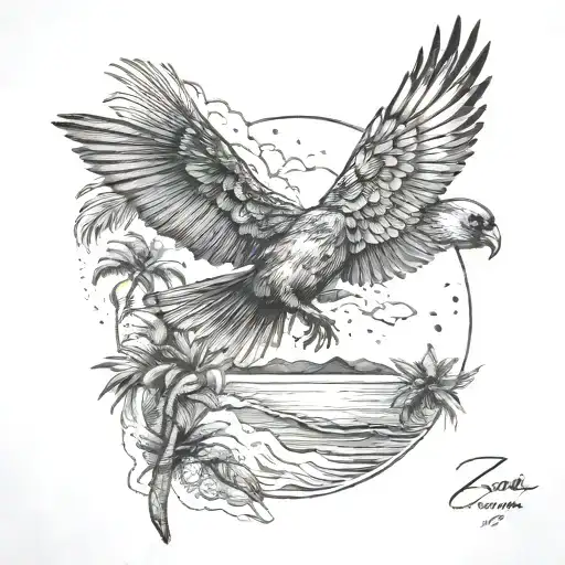 Flying Cardinal And A Beach Scene With Palm