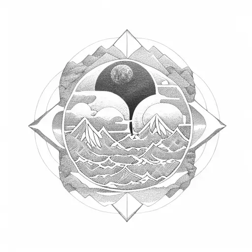 Waves And Mountain With Sun And Moon In A Diamond Shape