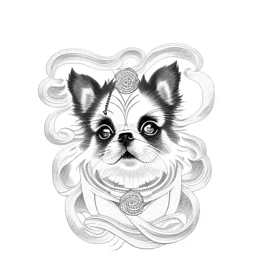A Dotwork Tattoo Of A Japanese Chin Dog Surrounded By Traditional Japanese Waves