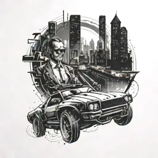 A Cinematic Tattoo Scene Of A Lawyer Driving A Futuristic Car Through A Cyberpunk Cityscape